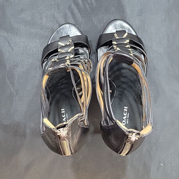 COACH JOSEY WOMEN'S BLACK LEATHER SNAKE HIGH HEELS OPEN TOE SHOES - Picture 6 of 16